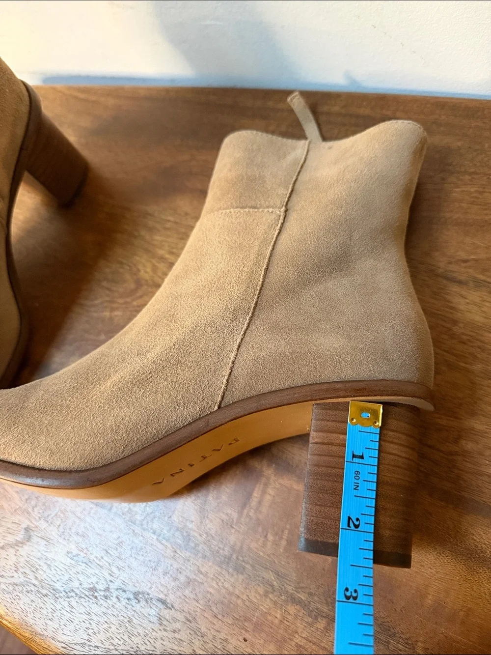 Patina Suede Tan Ankle Booties with Stacked Heel 10.5